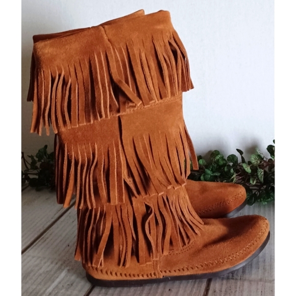 Minnetonka Three Layer Fringe Boots in Brown - Picture 8 of 16